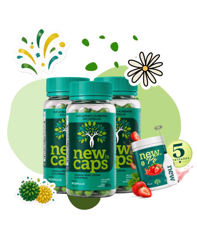 Kit promoção: três frascos de New In Caps, mais 1 New In Pó e 1 mixer sorteados